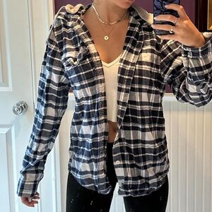 American Eagle Blue and White Flannel Hoodie